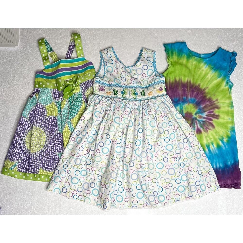 Lot Of 3 Summer Girl 2T Dresses Smocked Tie Dye‎ Vacation Colorful Bonnie Jean